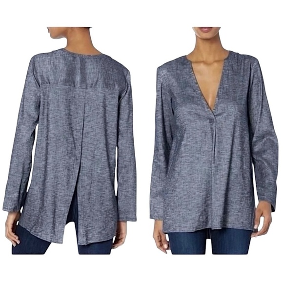 THEORY Ofeliah Linen Blend Tunic Top Tierra Wash V-Neck Split Back - Picture 2 of 7